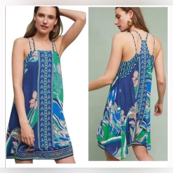 Anthropologie Dresses & Skirts - Anthropologie Maeve Laurel silk dress in blue and green with a floral pattern